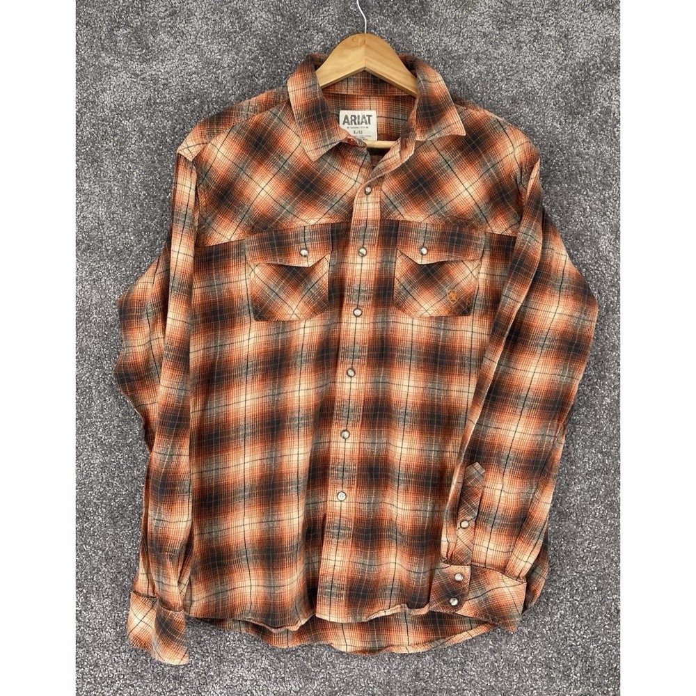 Ariat Men's L Orange Plaid Western Pearl Snap Long Sleeve Cowboy Shirt